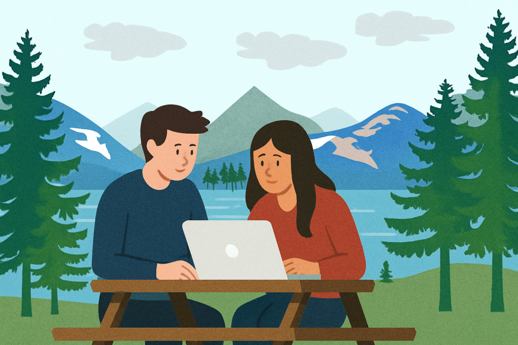 image of mountains and lake and white male and women seated at picknick table image of mountains and lake and white male and women seated at picknick table