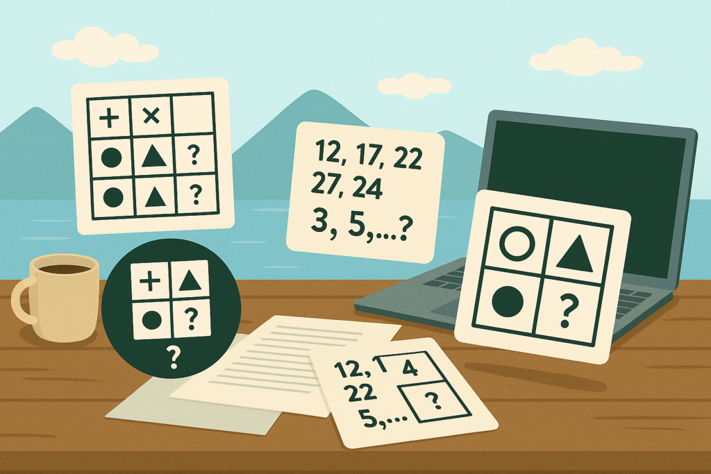 image of the assessment tests with study table and mountains and see in the back